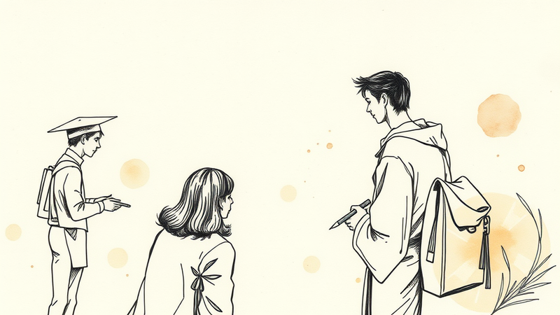 Humorous illustration of a stressed graduate student surrounded by books, coffee, and a looming thesis deadline.