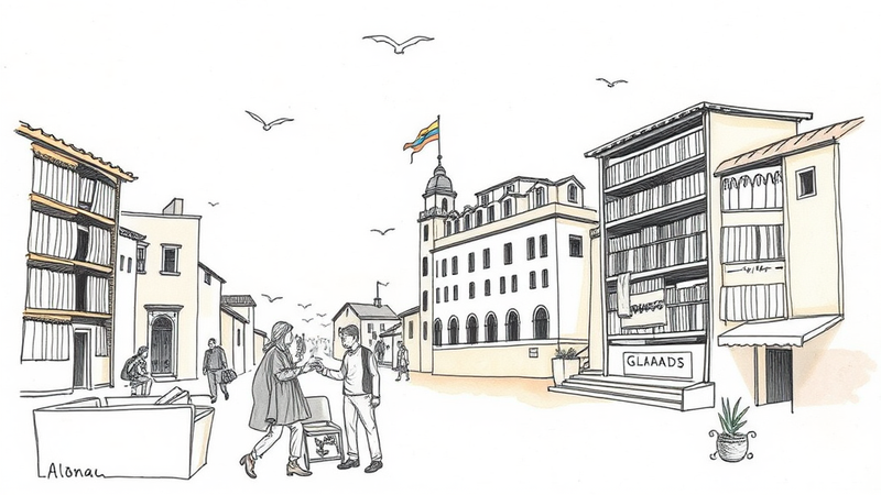 LGBTQ+ pride flag with books symbolizing the library's resources on lesbian, gay, bisexual, and transgender issues.